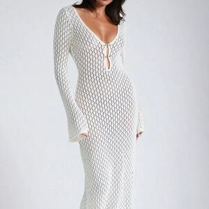 KAYLEIGH Crochet Fishtail Flare Sleeve Maxi Dress - White